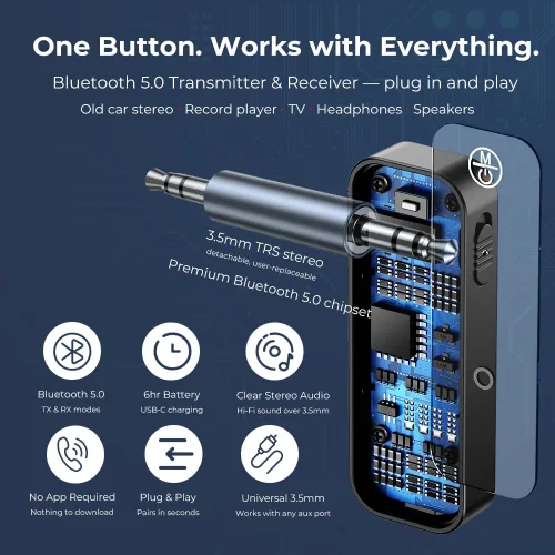 Vista 6 de Adaptador Receptor Transmisor Bluetooth Inalámbrico: Entrada y Salida de Audio Estéreo de 3.5mm Jack Auxiliar - para TV, Coche, Auriculares