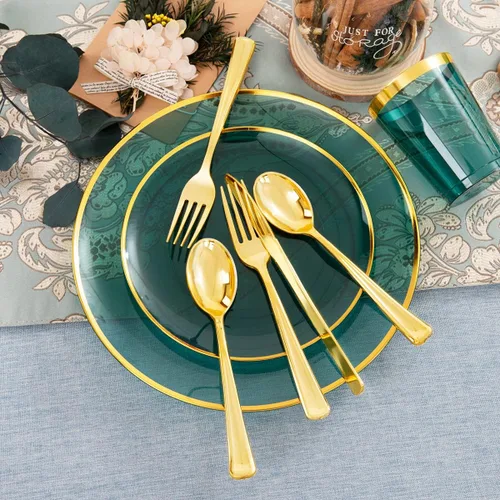 Vista 4 de LIYH - 180 platos navideños de plástico transparente y verde dorado, juego de vajilla de plástico desechable verde esmeralda, incluye platos