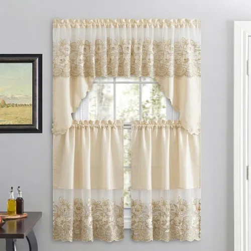 American Linen Juego de 3 piezas de cortinas bordadas con lentejuelas para ventana – Cenefas y niveles – Cortinas para cocina, sala de estar o baño