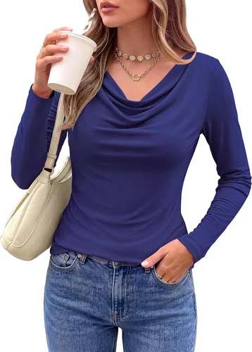 Vista 9 de PRETTYGARDEN Tops de cuello redondo para mujer, camisa de manga larga a la Negro