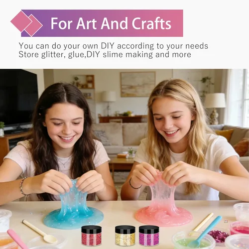 Vista 6 de SLifeJars Tarros de plástico de 4 onzas, 48 frascos redondos transparentes de boca ancha con tapas negras, tarro de limo vacío, recargable