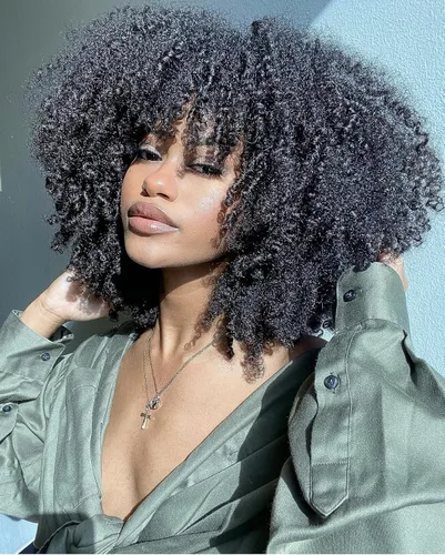RunM Peluca Corta de Pelo Rizado Estilo Afro con Flequillo para Mujeres Negras, Peluca de Pelo Sintético Afro Completa (Negra)