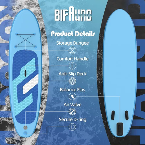 Vista 4 de Bifanuo Tabla de Paddle Inflable con Accesorios SUP y Mochila. Tablas de Paddle para Adultos. Cubierta Antideslizante, Postura Ancha, Aleta