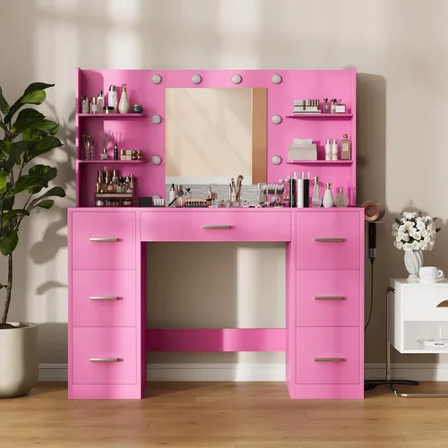 Vista 18 de Furmax Escritorio de tocador con espejo, luces LED y toma de corriente, mesa de tocador de maquillaje con 7 cajones y 6 estantes de almacenamiento