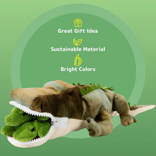 Vista 5 de PREXTEX Juguetes de peluche de cocodrilo con 3 animales de peluche de cocodrilo para bebés, cremalleras de cocodrilo, 3 pequeños cocodrilos