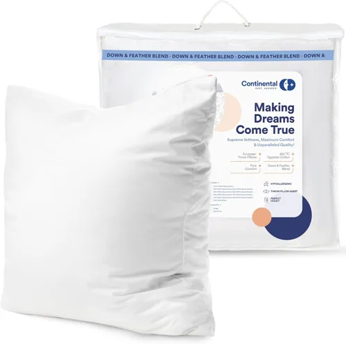 Continental Bedding Almohada decorativa de plumón de ganso y relleno de plumas 25/75, 26x26 pulgadas, color blanco