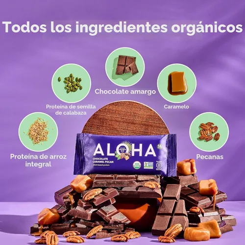Vista 6 de ALOHA Barras de Proteína Orgánicas a Base de Plantas Chocolate Caramelo Pecana 12 Unidades, Barras de 1.98oz Veganas, Bajas en Azúcar, Sin