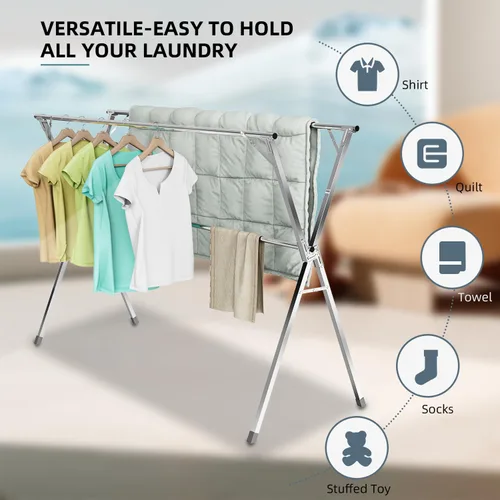 Vista 3 de Estante de secado de ropa, de acero inoxidable resistente, ajustable y plegable, para interiores y exteriores, con 20 ganchos resistentes al viento