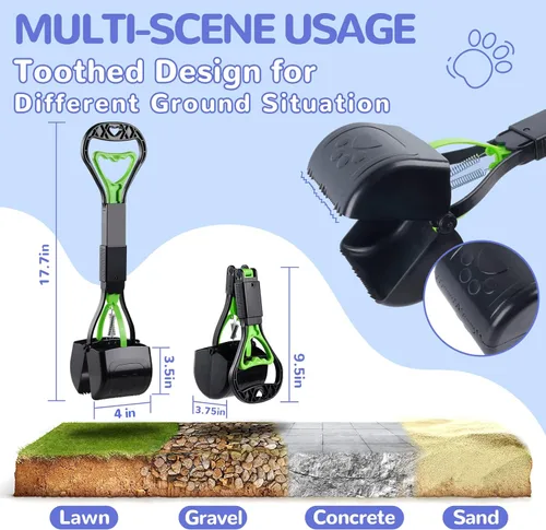 Vista 2 de Recogedor de excrementos para perros, mango largo de 17.7 pulgadas para operar con una sola mano, herramienta portátil para recoger excrementos