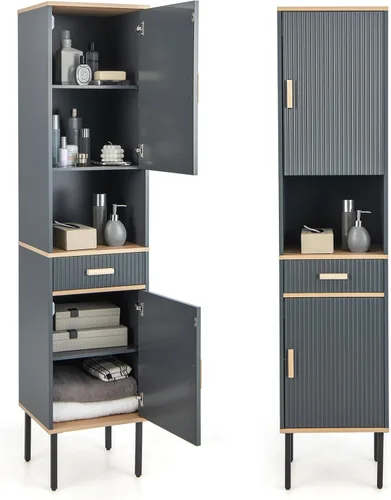 Tangkula Armario alto de baño, armario de almacenamiento independiente con puertas gabinete, compartimento abierto y cajón, torre estrecha con