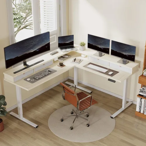 Vista 12 de FLEXISPOT Escritorio de esquina profesional con motor dual en forma de L, escritorio eléctrico de pie, escritorio de pie con altura ajustable, mesa