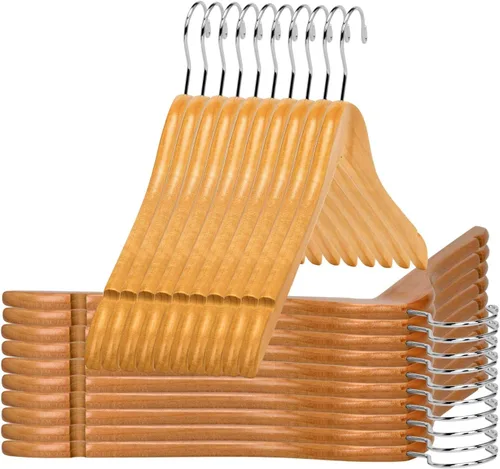 Vista 20 de Perchas de madera semicurvada negra de calidad, paquete de 10 perchas de madera maciza con acabado liso con gancho giratorio, chaqueta, pantalón