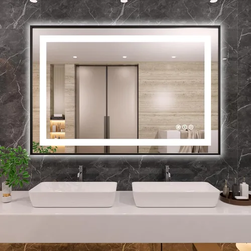 Vista 11 de Amorho Espejo de baño LED de 20 x 28 pulgadas con marco negro, luz frontal y retroiluminación, regulable continuamente, antivaho, a prueba