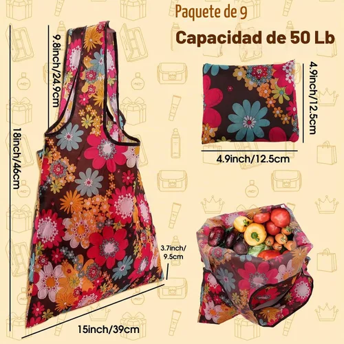 Vista 3 de Paquete de 9 bolsas de comestibles reutilizables, bolsas de compras plegables, bolsa de nailon con asas, lavable, grande, ligera