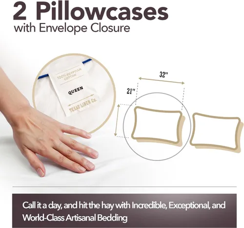 Vista 4 de TEXAS LINEN CO. Juego de 2 fundas de almohada tamaño queen de 100% algodón egipcio - Serie 2000 de lujo, fundas de almohada estándar/tamaño queen