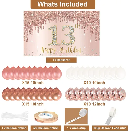 Vista 2 de Cartel de feliz cumpleaños 13 con arco de guirnalda de globos de confeti, juego de globos de oro rosa para niñas, póster de cumpleaños rosa de 13