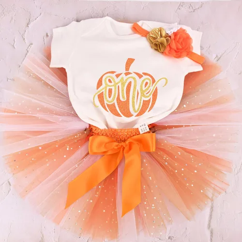 Vista 3 de Gouldianfinch Conjunto de 1er cumpleaños para bebés y niñas, mameluco de calabaza con falda tutú con diadema