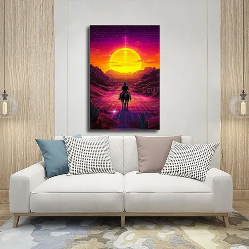 Vista 5 de Vaporwave Cowboy Poster – 80s Synthwave Wall Art, Surreal Western Room Decor Modern Wall Prints Abstract Geometric Minimalist Art Framed Canvas