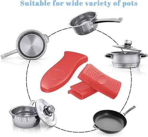 Vista 5 de Paquete de 4 soportes de silicona para mango de sartén caliente y soportes para ollas, resistentes al calor, agarraderas de hierro fundido