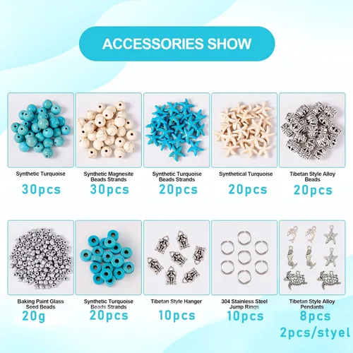 Vista 2 de Beadthoven - 160 cuentas de estrella de mar de mar y turquesa, dijes de tortuga plateada, blanco, azul, pequeños animales oceánicos, cuentas