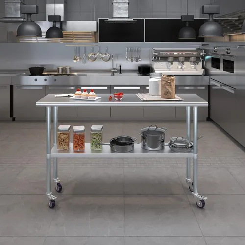 Vista 9 de AmGood Mesa de trabajo de acero inoxidable de 18 x 60 pulgadas con ruedas Mesa móvil de metal Preparación de alimentos