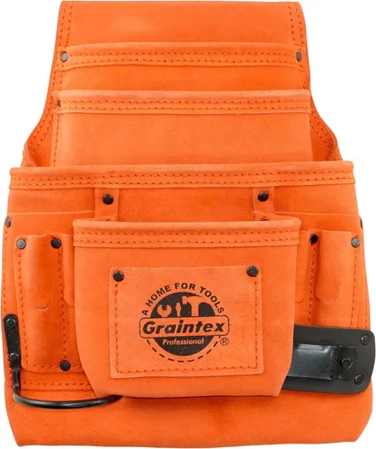 Vista 5 de Graintex Bolsa para clavos y herramientas de 10 bolsillos, bolsa de herramientas de cuero de gamuza, cinturón de herramientas para constructores