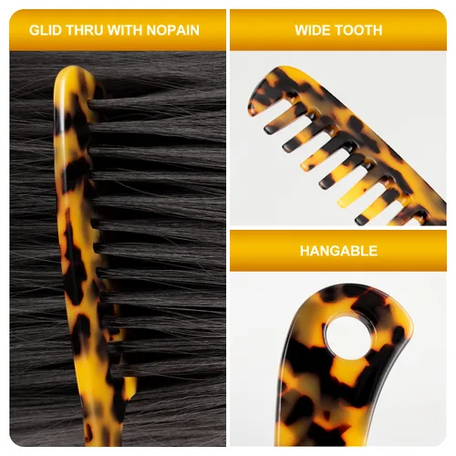 Vista 5 de Peine de dientes anchos y grandes, [concha de tortuga] peine de dientes redondos de acetato de celulosa para cabello lacio o rizado, cabello Marrón