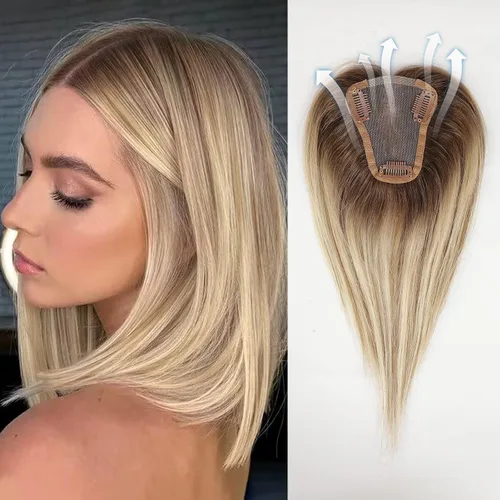 Vista 12 de HAIRCUBE Peluquines Ceniza Rubio para Mujeres de Cabello Humano Real, Extensiones de Cabello Humano 100% Remy de 3.5"*4" Atadas a Mano con Base