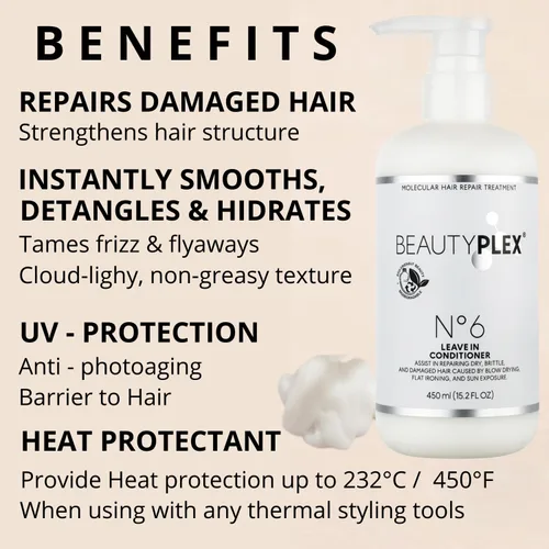 Vista 6 de Nº 6 - Acondicionador sin enjuague profesional protector térmico para cabello - Fortalece, nutre, hidrata y repara la estructura del cabello