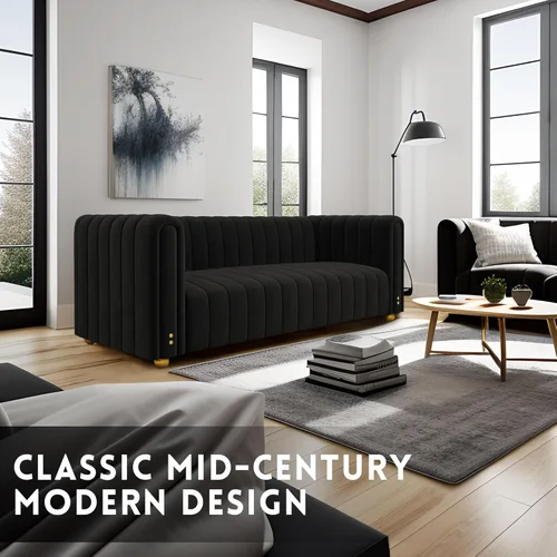 Vista 3 de Sofá de terciopelo de 3 plazas de 81 pulgadas, color negro dorado, moderno de mediados de siglo con patas de metal dorado, cómodos sofás para sala