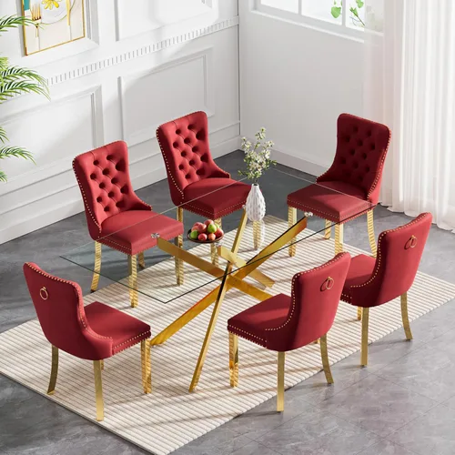 Vista 18 de SSLine Moderno juego de mesa de comedor de cristal dorado de 5 piezas para 4 mesas de cocina y sillas rectangulares de lujo de vidrio para 4, mesa