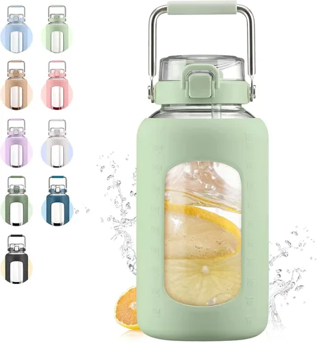 Vista 14 de WINSA Botella de agua de vidrio de 84 onzas con asa de acero inoxidable, botella de agua de 2.4L con tapa de pajita 2-EN-1, funda de silicona
