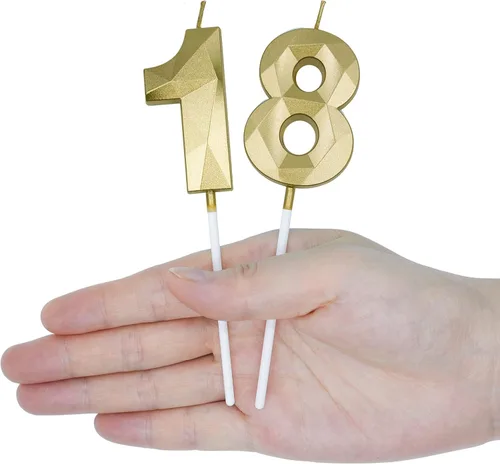 Vista 5 de Velas de cumpleaños número 18 y 81 para pastel, velas doradas con forma de diamante 3D con forma de diamante, decoraciones de cumpleaños