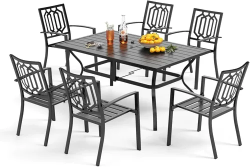 Vista 26 de PHI VILLA Juego de comedor al aire libre de 7 piezas para 6, mesa rectangular de metal negro de 60 pulgadas con agujero para sombrilla y sillas