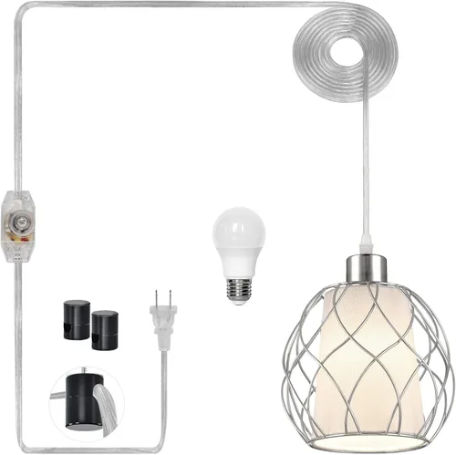 Vista 9 de Ruzectt - Lámpara colgante con enchufe, lámpara dorada con interruptor regulable, cable de algodón dorado de 15 pies, lámpara colgante para cocina