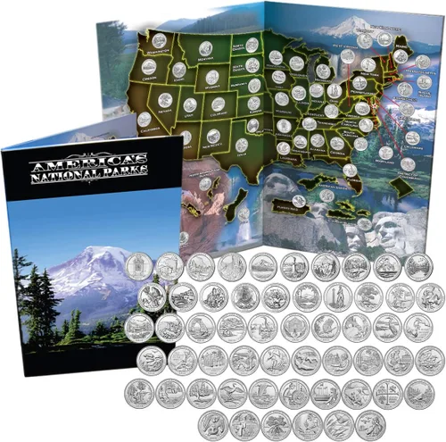 Conjunto completo de monedas de 25 centavos de parques nacionales, 2010 a 2016, primeras 35 monedas "América la hermosa" en libro de color de lujo +