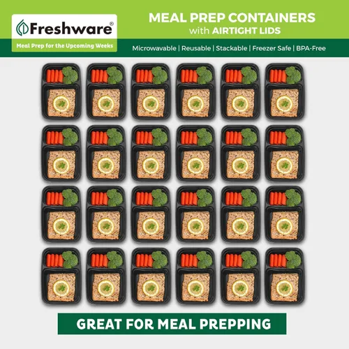 Vista 3 de Freshware Contenedores de preparación de comidas [paquete de 50] 2 compartimentos con tapas, contenedores de almacenamiento de alimentos, caja