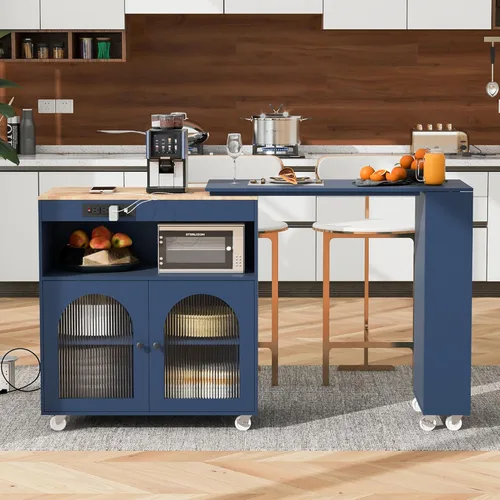 Vista 53 de LUMISOL Carrito de isla de cocina con ruedas de bloqueo con 2 cajones y 4 gabinetes, isla de cocina rodante con estantes ajustables, mesa de madera