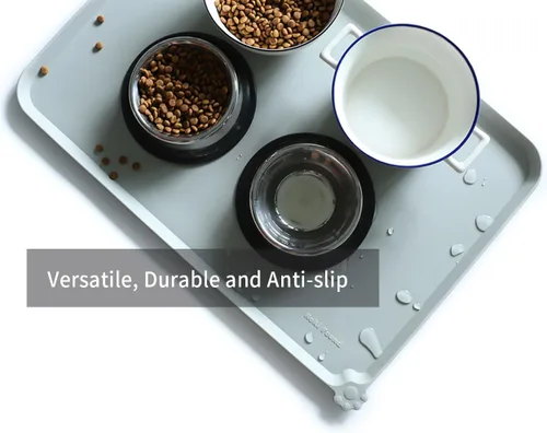 Vista 4 de Hoki Found - Bandeja de silicona para comida de mascotas, tamaño L, tapetes antideslizantes para comederos de perros y gatos, impermeable, tapetes