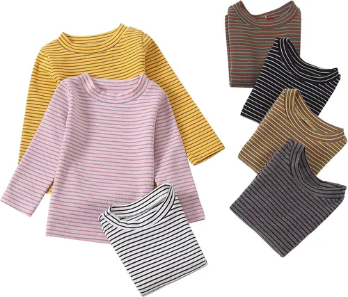 Vista 7 de Camiseta de manga larga para bebés y niños pequeños, camiseta de algodón a rayas con cuello redondo