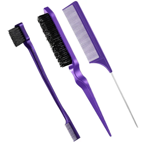 Vista 19 de Geiserailie Juego de 3 cepillos para peinar el cabello liso Cepillo de cerdas Cepillo de control de bordes Cepillo de cardado para mujeres con Negro