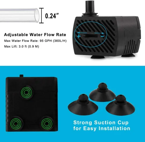 Vista 5 de PULACO Mini bomba de agua sumergible de 2 piezas (95 GPH 5 W) para acuario, estanque, fuente, hidroponía