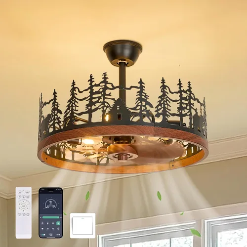 23.6 Inch Farmhouse Rustic Ceiling Fans with Lights, Vintage Walnut Wheels Flush Mount Bladeless Chandeliers Fan, Adjustable Height, Black Caged