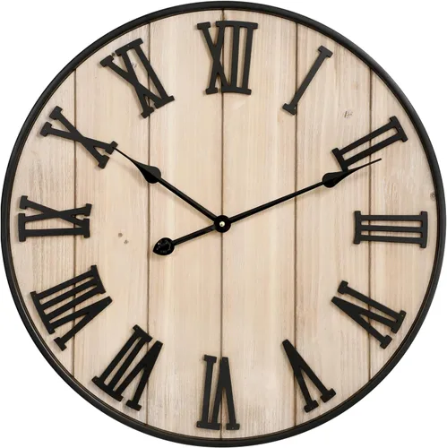 Vista 13 de MODE HOME Reloj de pared grande de madera rústica, reloj de pared de granja de 24 pulgadas blanqueadas con números romanos tallados, reloj redondo