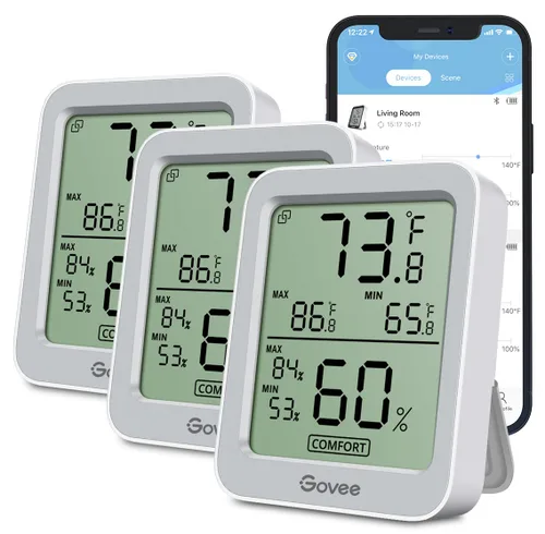 Vista 8 de Govee Termómetro higrómetro para interiores, paquete de 3, medidor de temperatura de humedad Bluetooth con pantalla LCD grande, alerta de Negro
