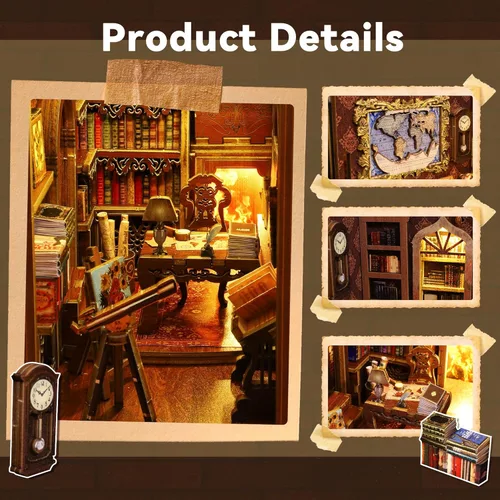 Vista 6 de Flever Kit miniatura de rincón de libro para casa de muñecas, decoración de estantería de libro de bricolaje, rompecabezas de madera 3D, kit