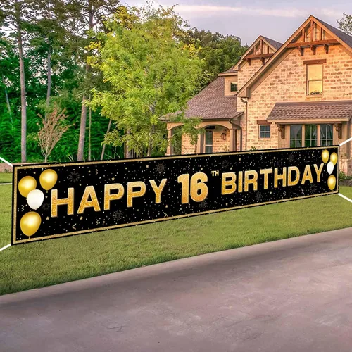 Decoraciones de cumpleaños número 16 para niños y niñas, pancarta de decoración de feliz cumpleaños de 16 años en negro y dorado, suministros para