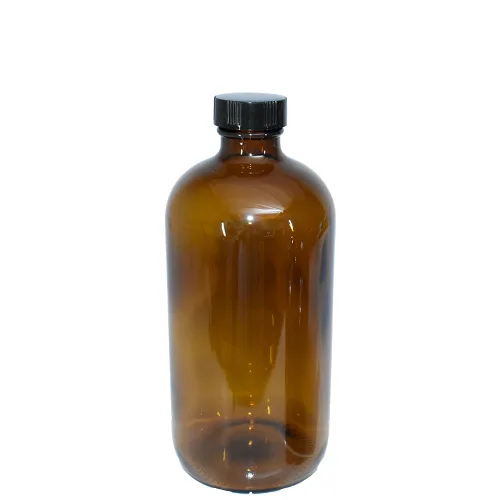 Vista 5 de 16 onzas (paquete de 12) Boston Round. Botella color ámbar con tapa negra con cono de polietileno (28/400)