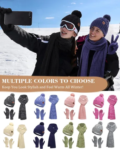 Vista 5 de Conjunto de bufanda larga de punto acanalado con forro polar y gorro para pantalla táctil, regalos para mujer