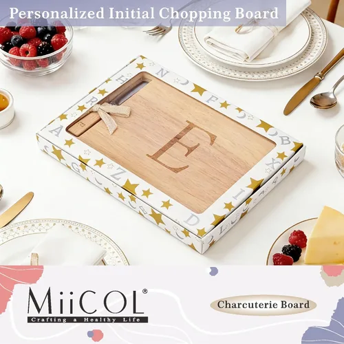 Vista 5 de Miicol Tabla de madera para charcutería, tabla de queso con monograma de 10 pulgadas, tabla de cortar inicial personalizada con esparcidor, regalo